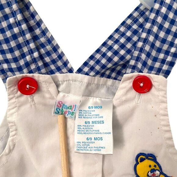 Vintage Small Steps Blue & White Checkered Kids Overalls with Bear Size 6/9 Mos - Picture 7 of 8